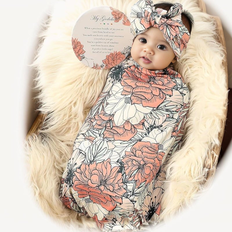 Galabloomer Newborn Receiving Blanket Headband Set Baby Flower Swaddle (cocal Almond) - Image 3
